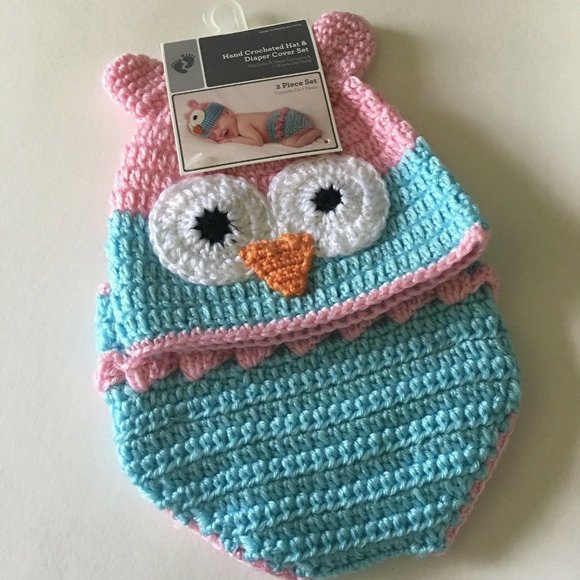 Hand Crocheted Hat And Diaper Cover Owl Sz 0-9 Months Infant Baby Photo New - Picture 7 of 12